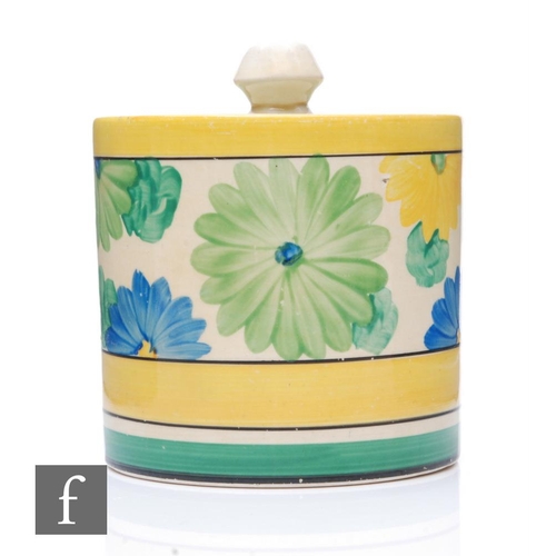 426 - Clarice Cliff - Sungay - A size 3 Drum shape preserve pot and cover circa 1932, hand painted with a ... 