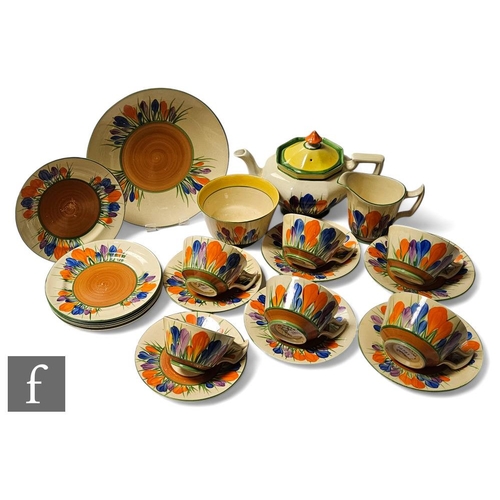 434 - Clarice Cliff - Crocus - An early Athens shape tea set circa 1929, comprising teapot, milk, sugar, s... 