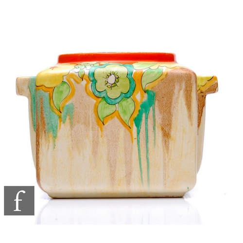 438 - Clarice Cliff - Jonquil - A stamford shape biscuit box base circa 1933, hand painted with flowers an... 