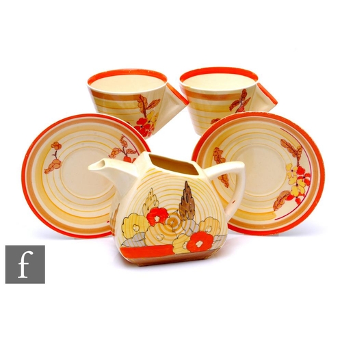 444 - Clarice Cliff - Orange Hydrangea - A Conical shape tea cup and saucer circa 1932, hand painted with ... 