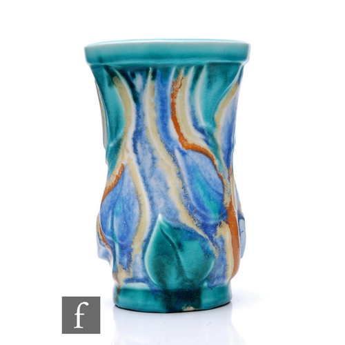 445 - Clarice Cliff - Inspiration Scraffito - A shape 474 vase of swollen sleeve form, relief molded with ... 