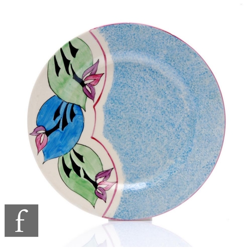 448 - Clarice Cliff - Blue Cowslip - A circular side plate circa 1933, hand painted with a stylised flower... 