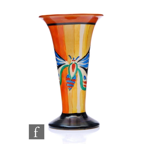 458 - Clarice Cliff - Butterfly - A shape 280 vase of footed trumpet form circa 1931, hand painted with a ... 