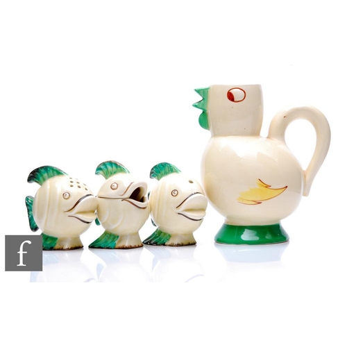 470 - Clarice Cliff - Mr Fish - A three piece cruet set modelled as smiling fish with tonal brown and gree... 