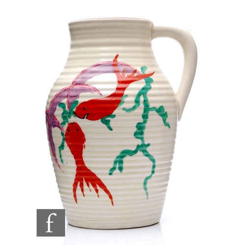 471 - Clarice Cliff - Latona Fish - A single handled Lotus jug circa 1930, hand painted with stylised fish... 