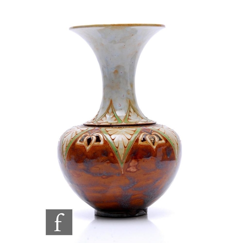 93 - Royal Doulton - A large early 20th Century stoneware vase of low shouldered form with a tall collar ... 