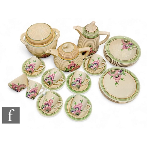 454 - Clarice Cliff - Sundew (Variant) - A Lynton shaped coffee set circa 1936, comprising coffee pot, mil... 