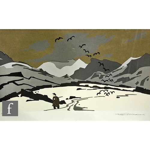Sir Kyffin Williams OBE, RA (Welsh, 1918-2006) - 'Pontllyfni in Snow', lithograph, signed in pencil and numbered 93/150, retains Christies Certificate of Authenticity, framed, 39cm x 73cm, frame size 51.5cm x 82cm.