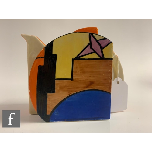 329 - Clarice Cliff - Sunray - A Stamford shape teapot circa 1930, hand painted with an abstract cityscape... 