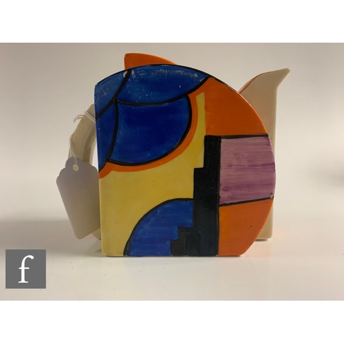 329 - Clarice Cliff - Sunray - A Stamford shape teapot circa 1930, hand painted with an abstract cityscape... 