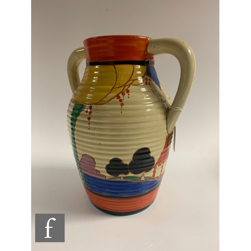 245 - Clarice Cliff - Summerhouse - A double handled Lotus jug circa 1932, hand painted with a stylised ga... 