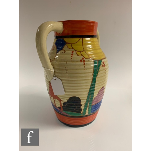 245 - Clarice Cliff - Summerhouse - A double handled Lotus jug circa 1932, hand painted with a stylised ga... 