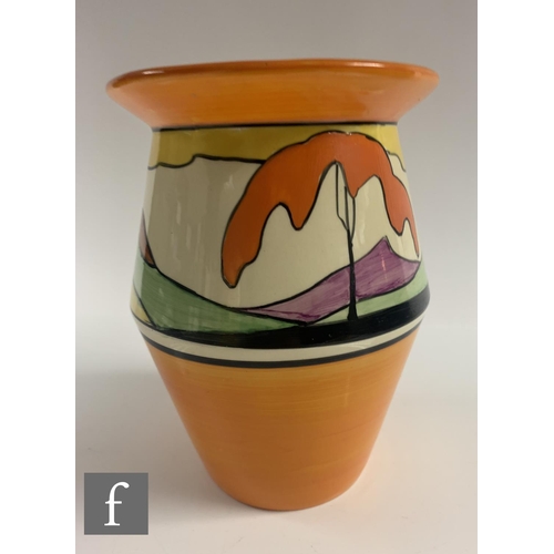 221 - Clarice Cliff - Mountain - A shape 342 vase circa 1930, hand painted with a continuous landscape wit... 