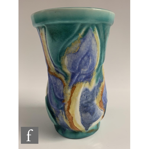 445 - Clarice Cliff - Inspiration Scraffito - A shape 474 vase of swollen sleeve form, relief molded with ... 