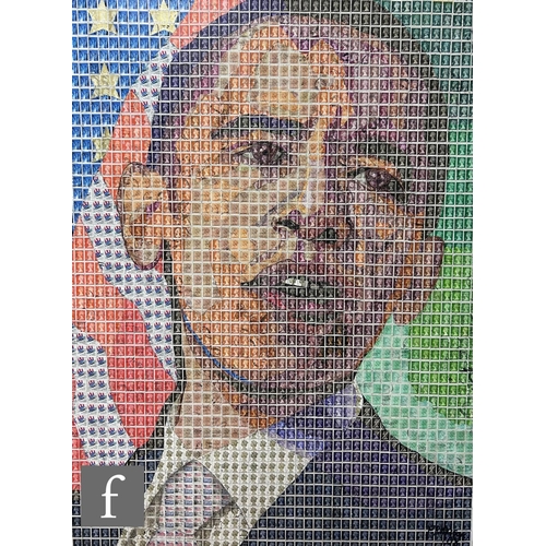 1055 - Peter R. Mason (Contemporary) - 'Barack Obama', mixed media of postage stamps laid down on canvas, s... 