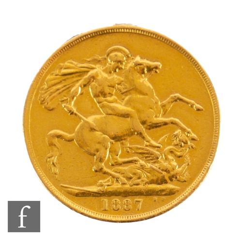 17 - Victoria - An 1887 gold two pounds, reverse St George & Dragon, previously mounted, weight 15.9g