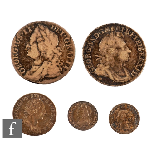 62 - George I - Two shillings, 1723 and 1743, a Maundy one pence, 1757, and a two pence, 1763. (4)