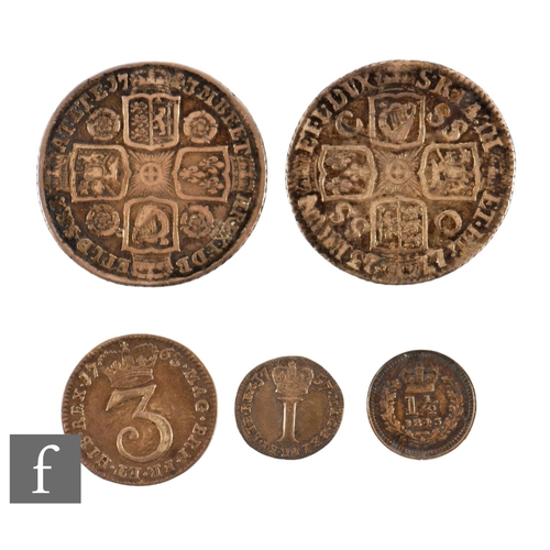 62 - George I - Two shillings, 1723 and 1743, a Maundy one pence, 1757, and a two pence, 1763. (4)