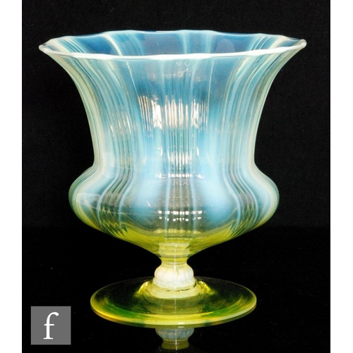 401 - An early 20th Century John Walsh Walsh glass vase of lobed waisted footed form, the ribbed bowl with... 