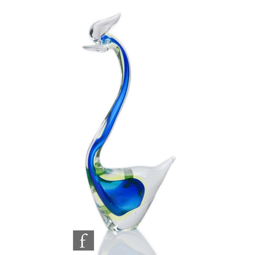 472 - A 20th Century Murano glass sculpture modelled as a stylised bird, internally decorated with blue an... 