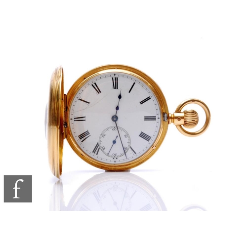 An 18ct hallmarked, crown wind, half hunter pocket watch, Roman numerals to a white enamelled dial, case diameter 48mm, gold dust cover, total weight 116g, London 1915.