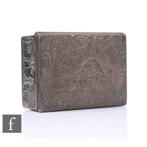 285 - A hallmarked silver rectangular trinket box with embossed decoration of a family and figures in a la... 