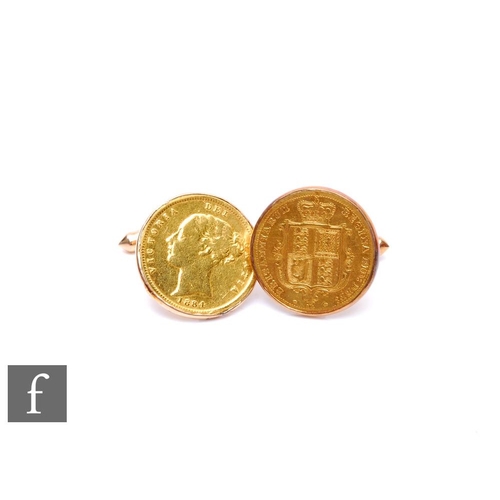 60 - A pair of 9ct loose mounted Victorian shield back half sovereign cufflinks, coins dated 1878 and 188... 