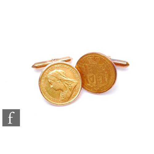 63 - A pair of 9ct loose mounted Victorian half sovereign cufflinks, coins dated 1883 (shield back) and 1... 