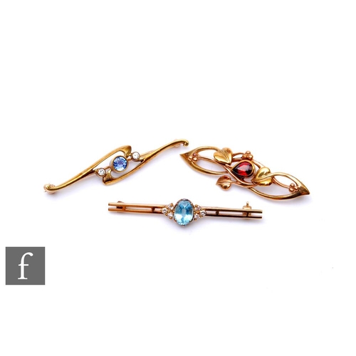 66 - Three modern 9ct stone set bar brooches to include a sapphire and diamond three stone example, total... 