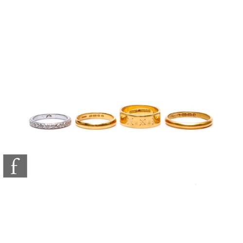 68 - Three 22ct hallmarked wedding rings to include a pattern and two D shaped examples, total weight 11g... 