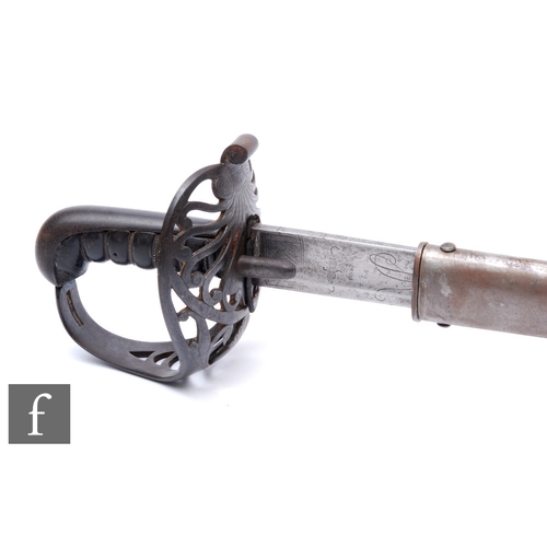 A 1796 officer's cavalry sword, the 88cm blade inscribed with an 'R' below a coronet, engraved P Solingen, pierced scroll work hilt, leather wire bound grip.