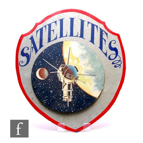 761 - A 1950s painted sign, 'Satellites' within shield frame, 50cm x 43cm.