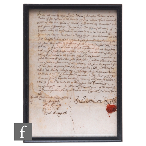 764 - A Charles II period indenture dated 1681 by Silvester Sabin, with red wax seal mark, later framed, 2... 