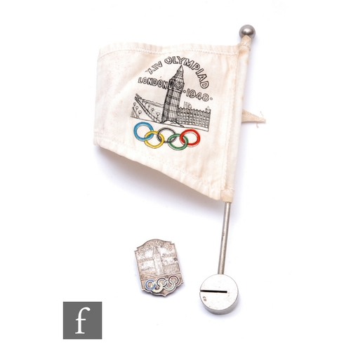 776 - A London 1948 Olympic Games badge with a small cloth pennant, length 18cm, some damage. (2)