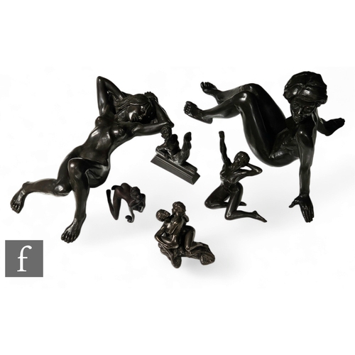 787 - A large composite bronze figure of a girl reclining and five other erotic figures in various poses, ... 