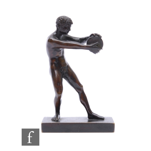 795 - A small 19th Century bronze figure of a discus thrower, on rectangular base, height 14cm.