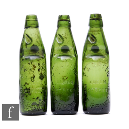 810 - Three Codd bottles, dark green, by P A Green, Queen Street, West Bromwich, all cracked. (3)