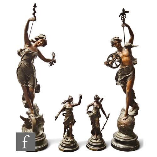 817 - A large pair of late 19th Century spelter figures titled Le Commerce, one a classical male holding a... 