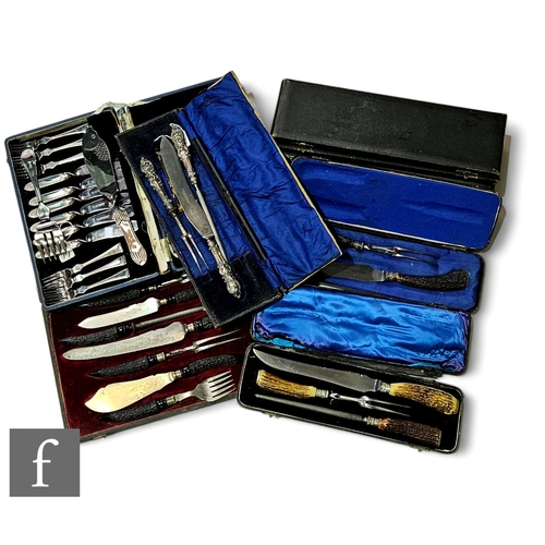 828 - A late Victorian cased carving set, fish servers and various other similar and serving sets, all cas... 