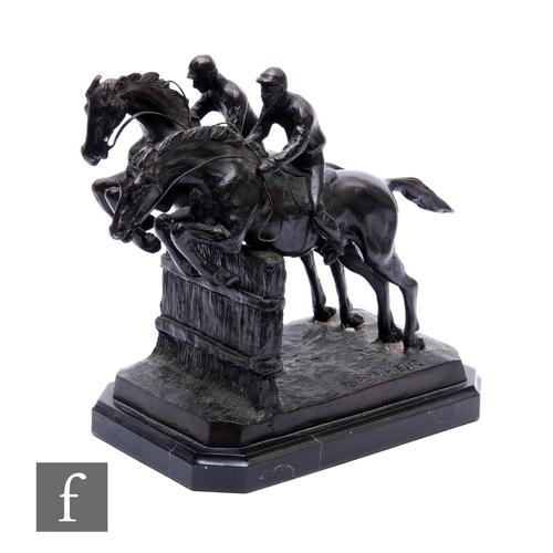 833 - AFTER BONHEUR - A late 20th Century bronze study of two steeple chase horses, each with jockeys up a... 