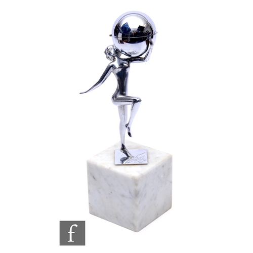 846 - An Art Deco Lorenzl style chrome figure of a dancer holding a globe concealing a table lighter on ma... 