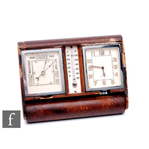 880 - A late 1920s to early 1930s LeCoultre easel desk clock, barometer and thermometer set in leather cas... 