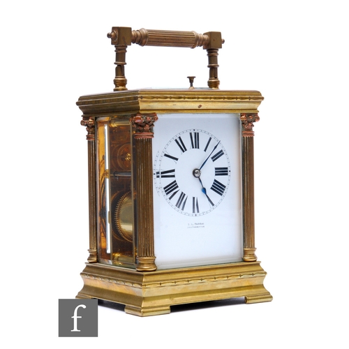 884 - A late 19th Century French brass carriage clock, the white enamelled dial signed G L Taroni Southamp... 