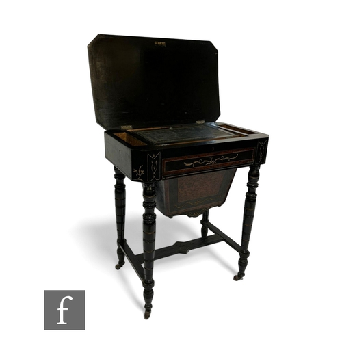 1053 - A late Victorian burr walnut cross banded and ebonised work table, the fitted interior enclosed by a... 