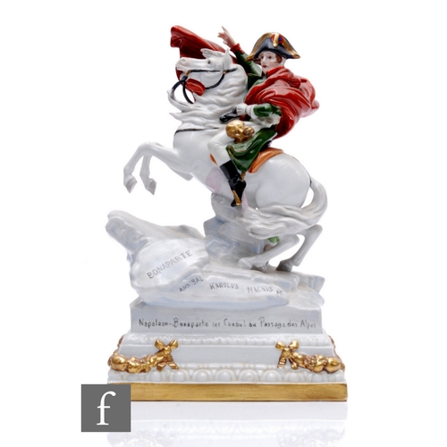 111 - A 20th Century French porcelain figure of Napoleon on a rearing stallion with script to the rocky ba... 