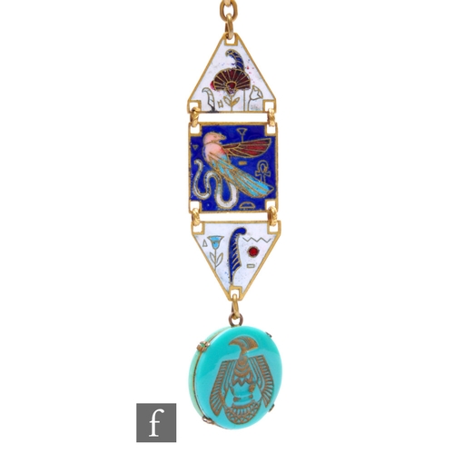 236 - A 20th Century Egyptian revival enamel pendant, double sided to a turquoise colour fob, height 12cm.