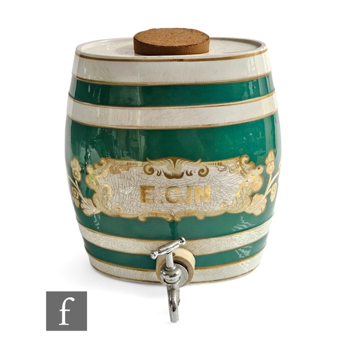 260 - A 19th Century Staffordshire pottery gin barrel 'E.GIN' within a gilt cartouche, green banded decora... 