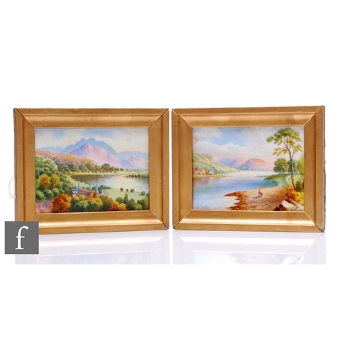 181 - A pair of 19th Century porcelain plaques of rectangular section, each hand enamelled with a scenic v... 