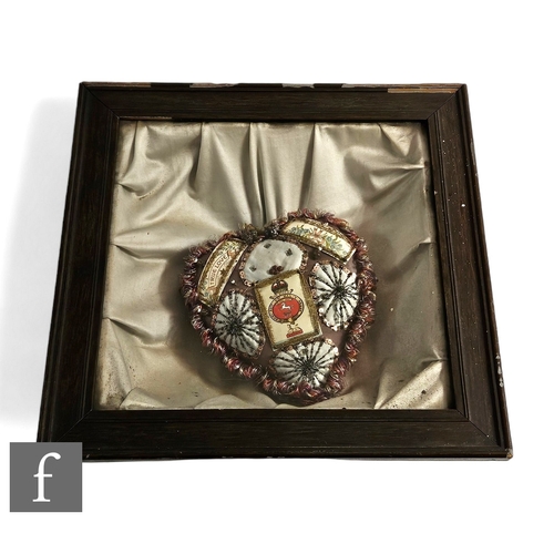 333 - A mid 20th Century sweethearts pin cushion 'True Love, Kings Regt', width 18cm, mounted in a frame, ... 