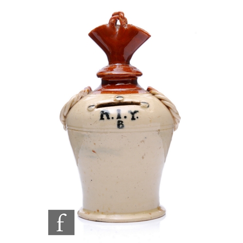 224 - A 19th Century stoneware money box of shouldered ovoid form with narrow collar neck and flared top, ... 